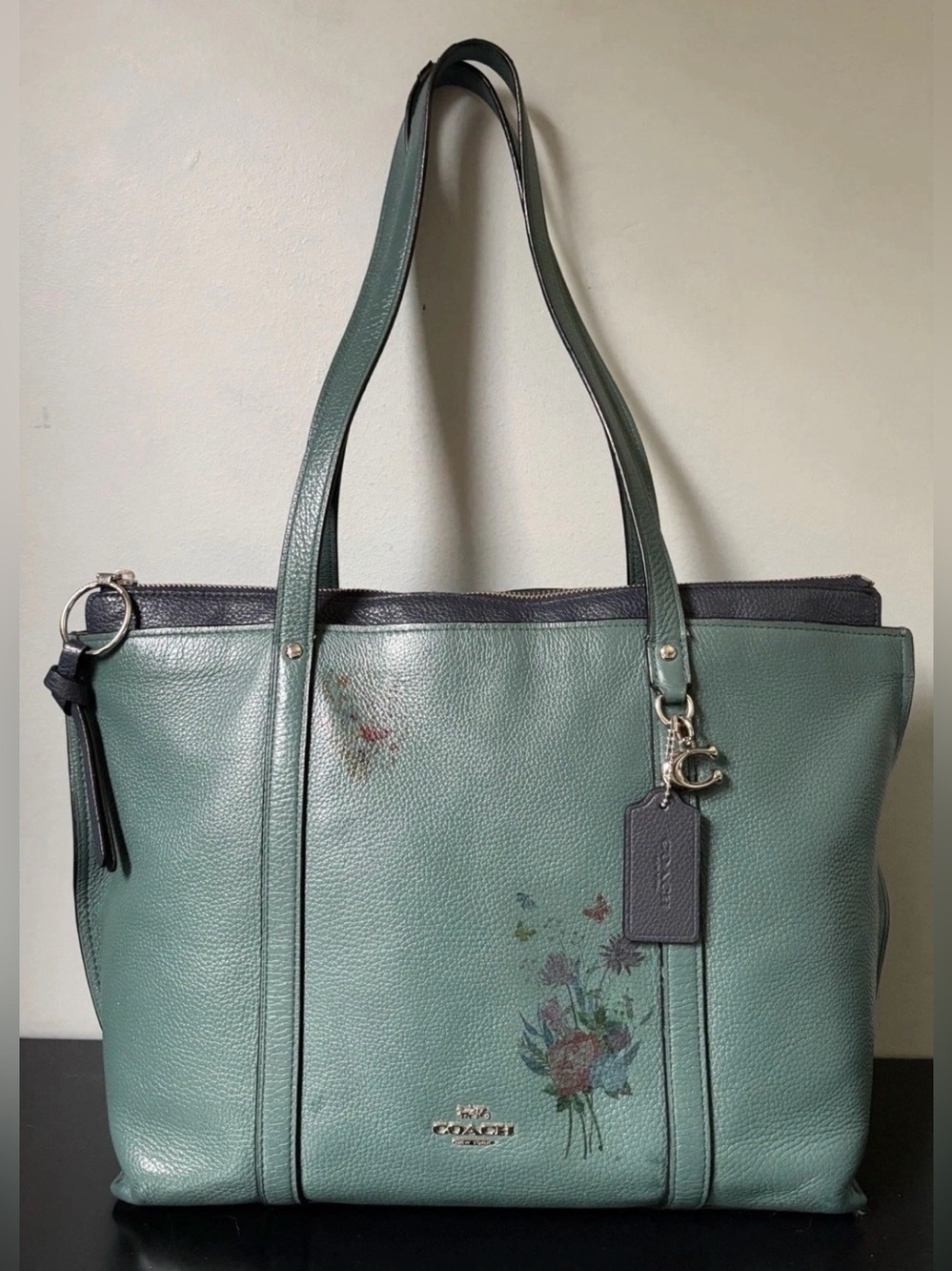 ❌❌ SOLD ❌❌ COACH May Tote Work Shoulder Bag Green/ Navy Blue Pebble Leather